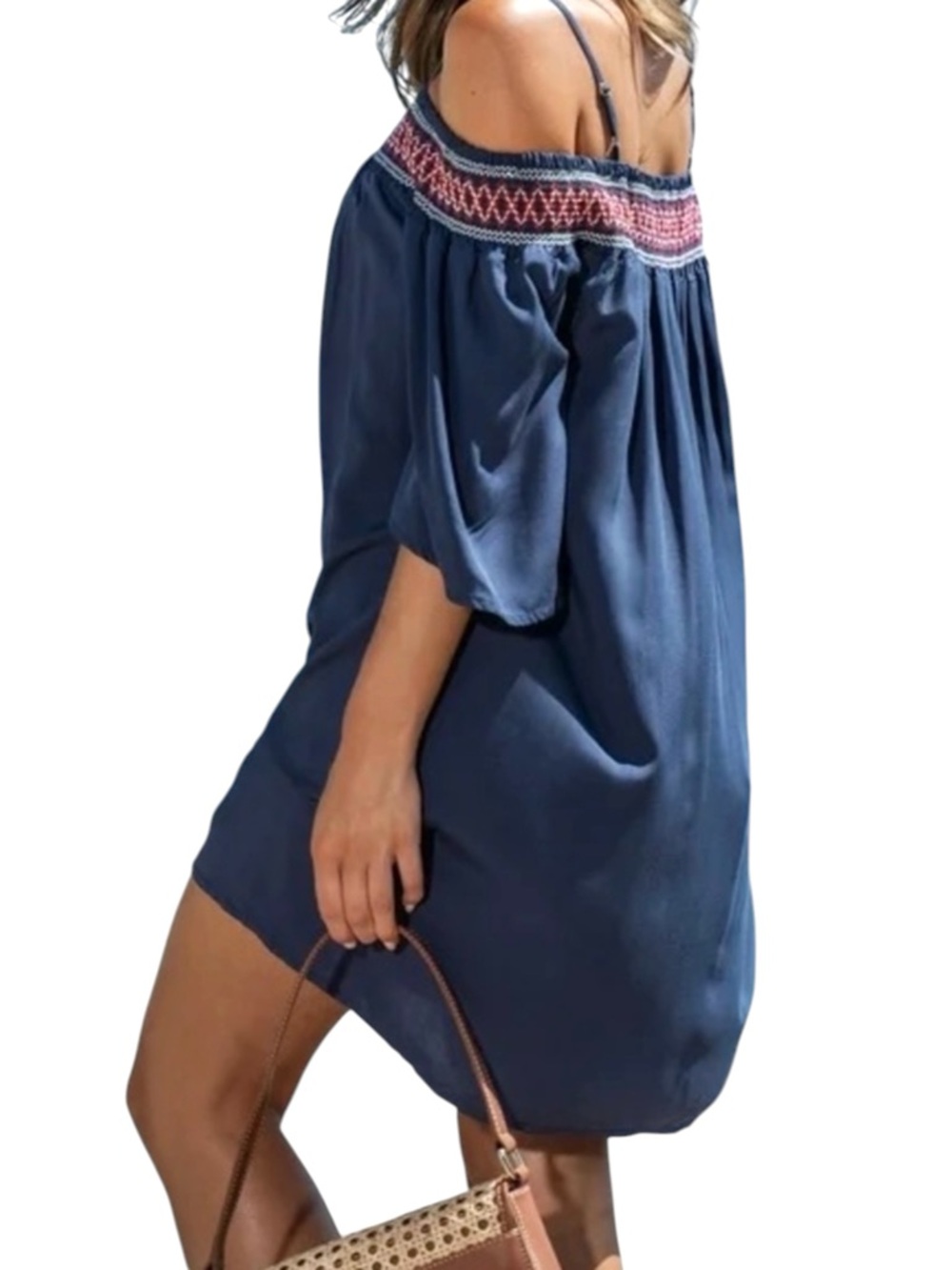 Loose Open-Shoulder Sundress 3/4 Sleeve Smocked Mini Dress Red White Navy Blue